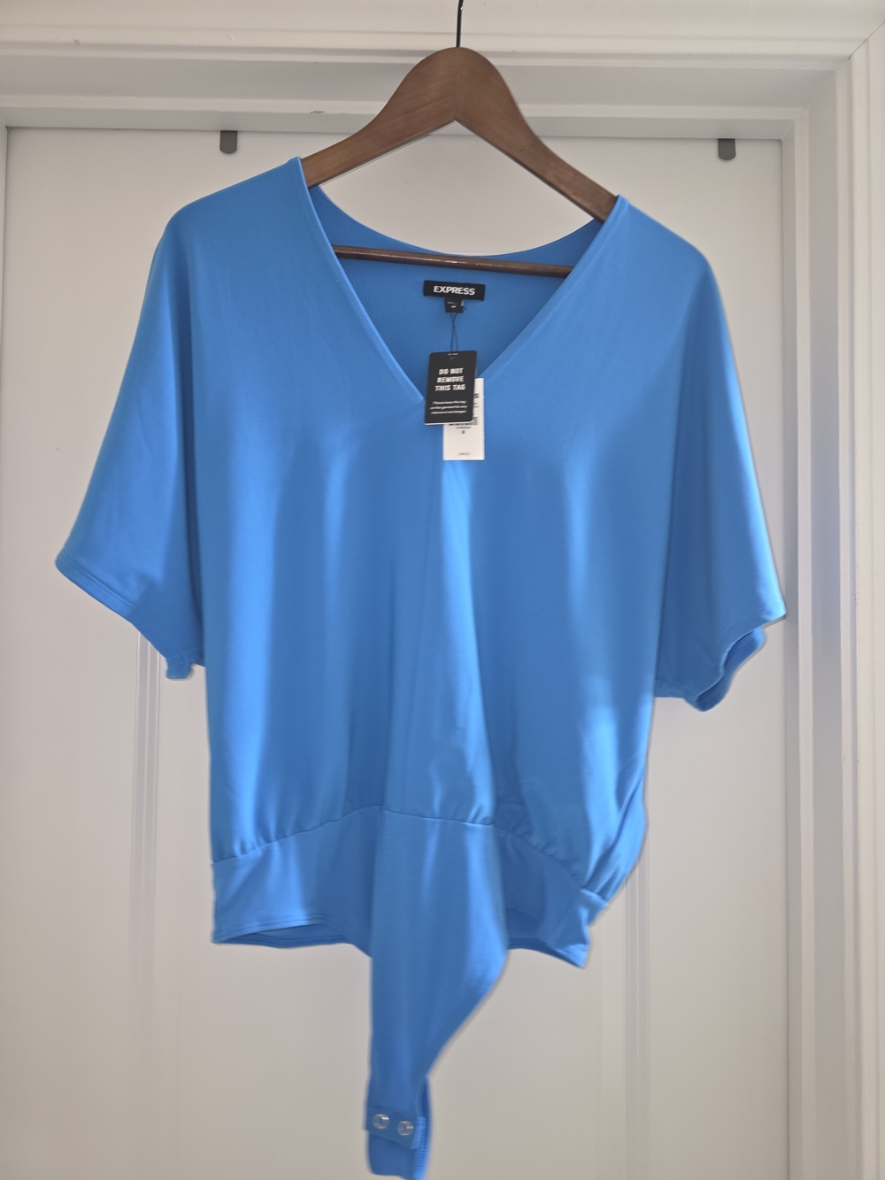 Express Women's V-Neck Blue Short Sleeve Wrap Top
